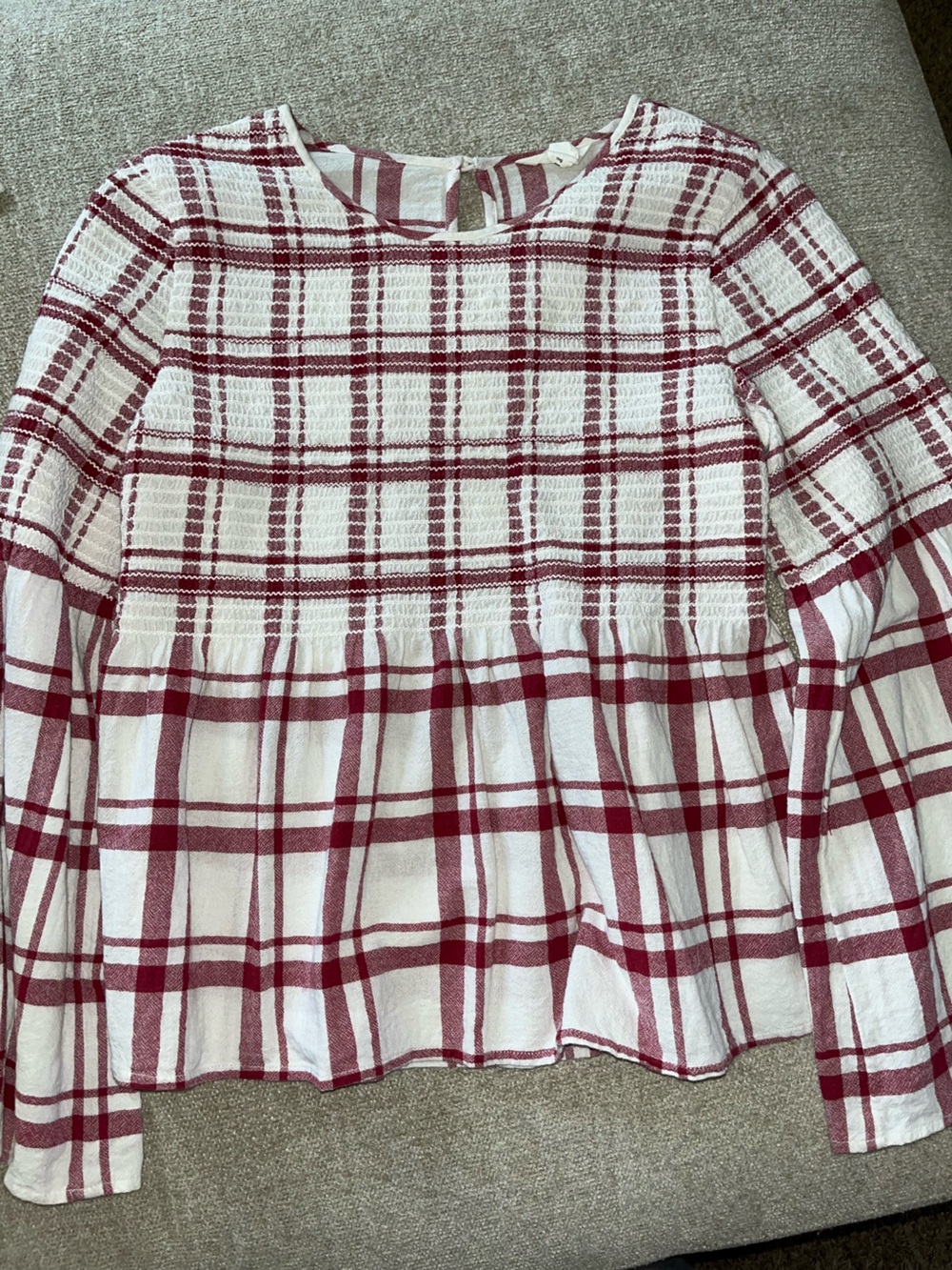 Caslon White and Burgundy Plaid Smocked Peplum Top